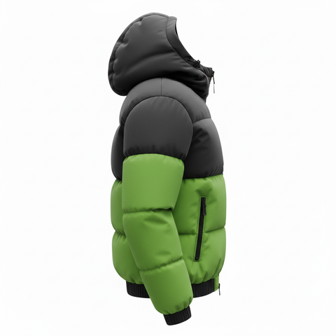 Black & Neon Green Hooded Puffer Jacket | Winter Insulated Streetwear Coat