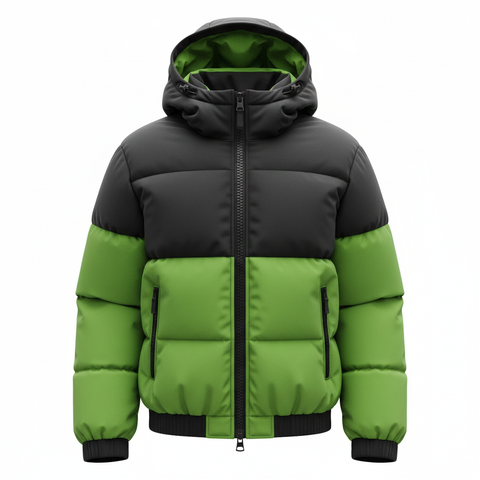 Black & Neon Green Hooded Puffer Jacket | Winter Insulated Streetwear Coat